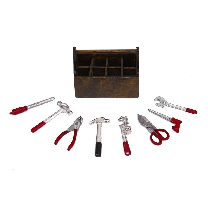 1:12 Dollhouse Miniature Accessories Tool Box Kit Wood Box Metal Hammer Plier Scissor Saw Screwdriver Model  #HO015