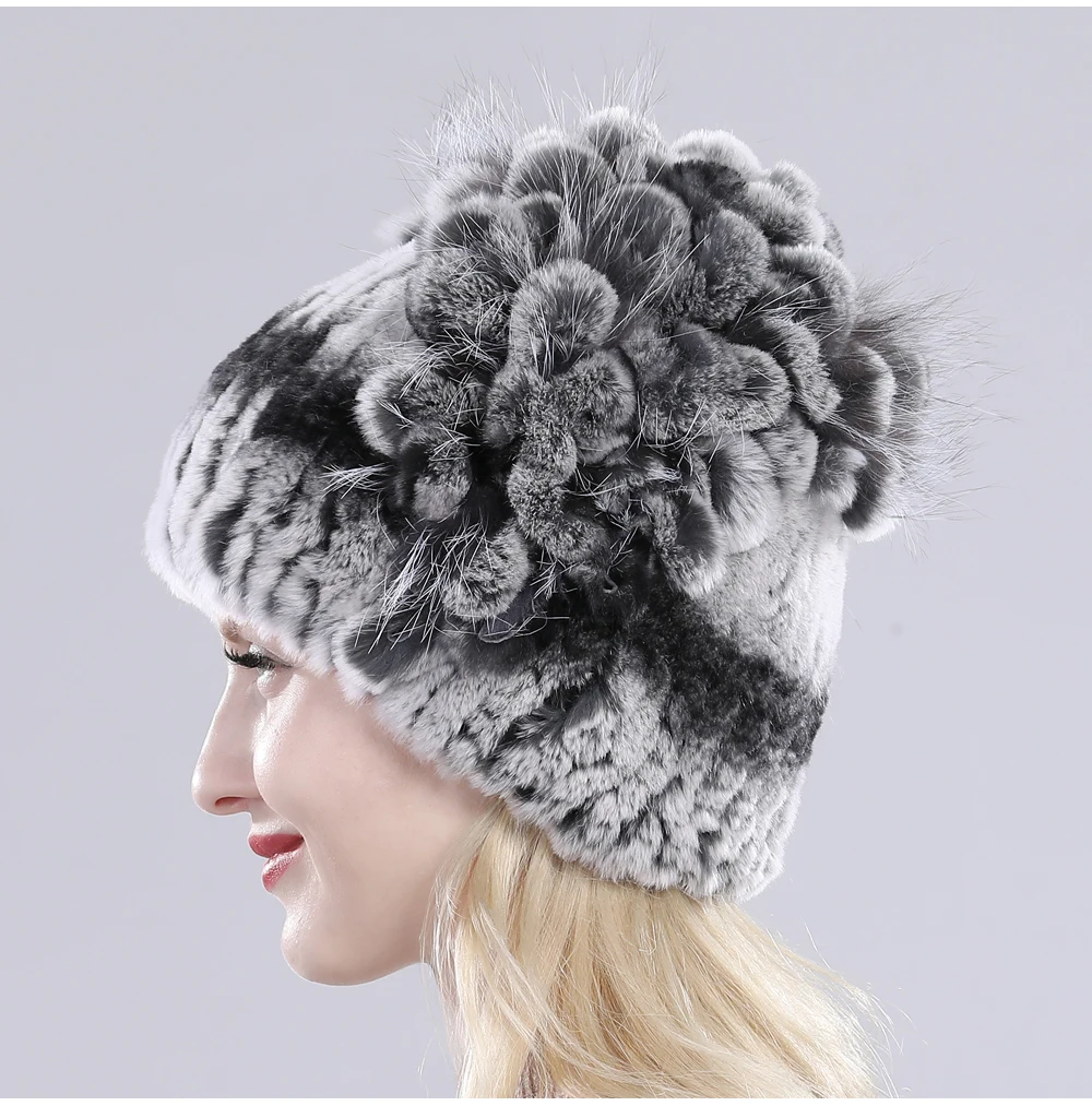 Neue Russische Damen Echt Rex-Kaninchenfell Mützen Luxuriöse Gestrickte Blumen Echte Rex-Kaninchenfell Kappe Winter Echt-Fell Beanie Mütze – Detail 23