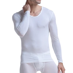 CLEVER-MENMODE Men's Undershirt Thermal Super Thin Men Ice Silk Underwear Sheer T Shirts Long Johns Male Long Sleeves Tops Tees