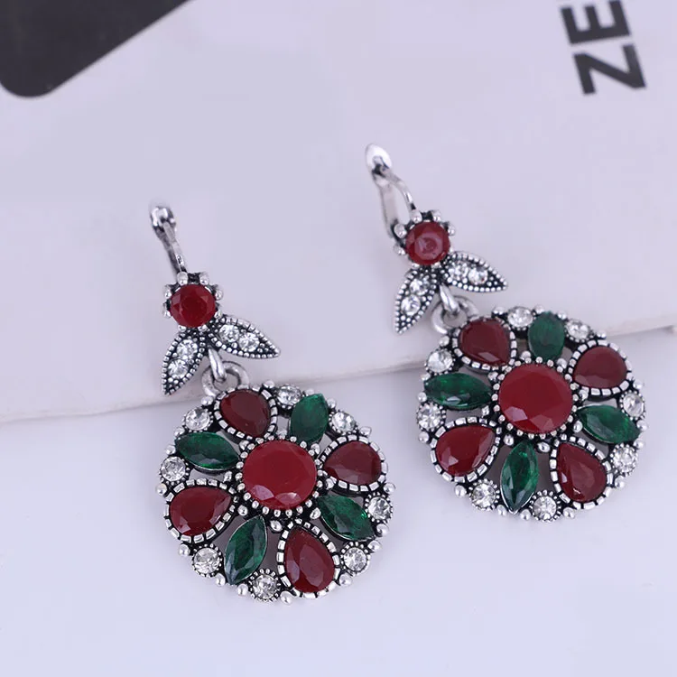 New Vintage Necklace Set Fashion Ring Earrings For Women India Jewelery Sets Red Beads Costume Jewelry Silver-Color