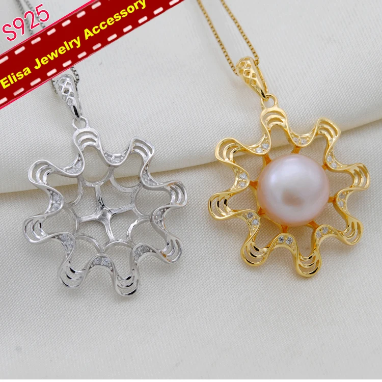 

Flower Design Big Pendant Holder S925 Sterling Silver Pendant Settings Silver&Gold Color 3Pieces/Lot Women DIY Accessory