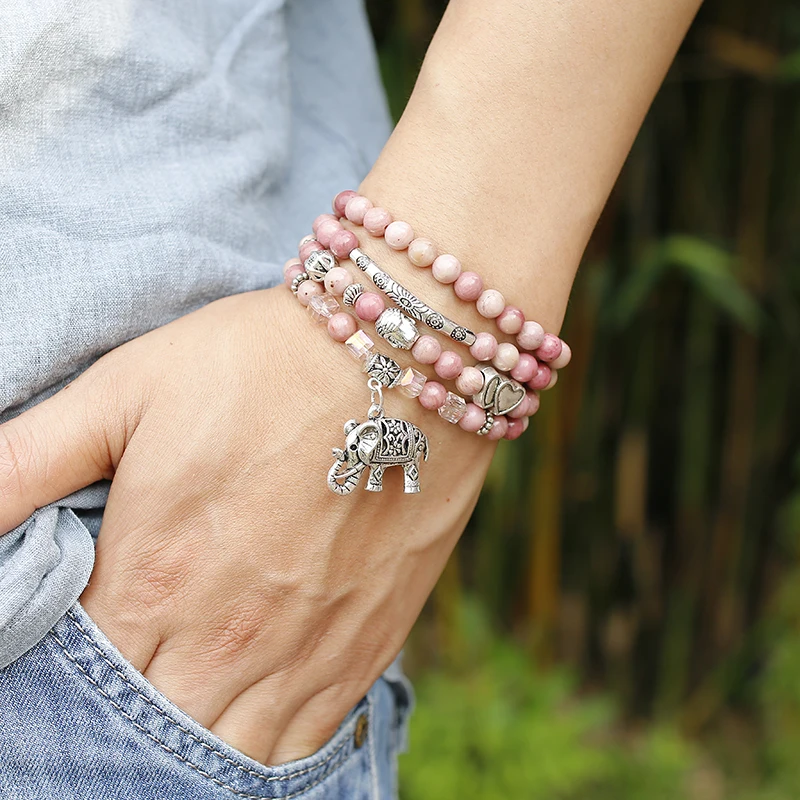 6mm Natural Rhodochrosite Beads Strand Bracelet Women Lotus OM Buddha Charm Yoga Bracelet 108 Mala Necklace Yoga Jewelry