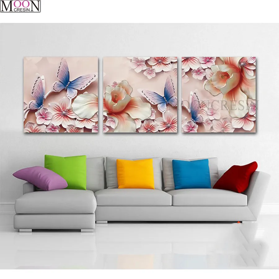 

5D DIY Diamond Painting Cross Stitch Butterfly Triptych Flower Diamond Mosaic Full Square Drill DIY Diamond Embroider Decoration