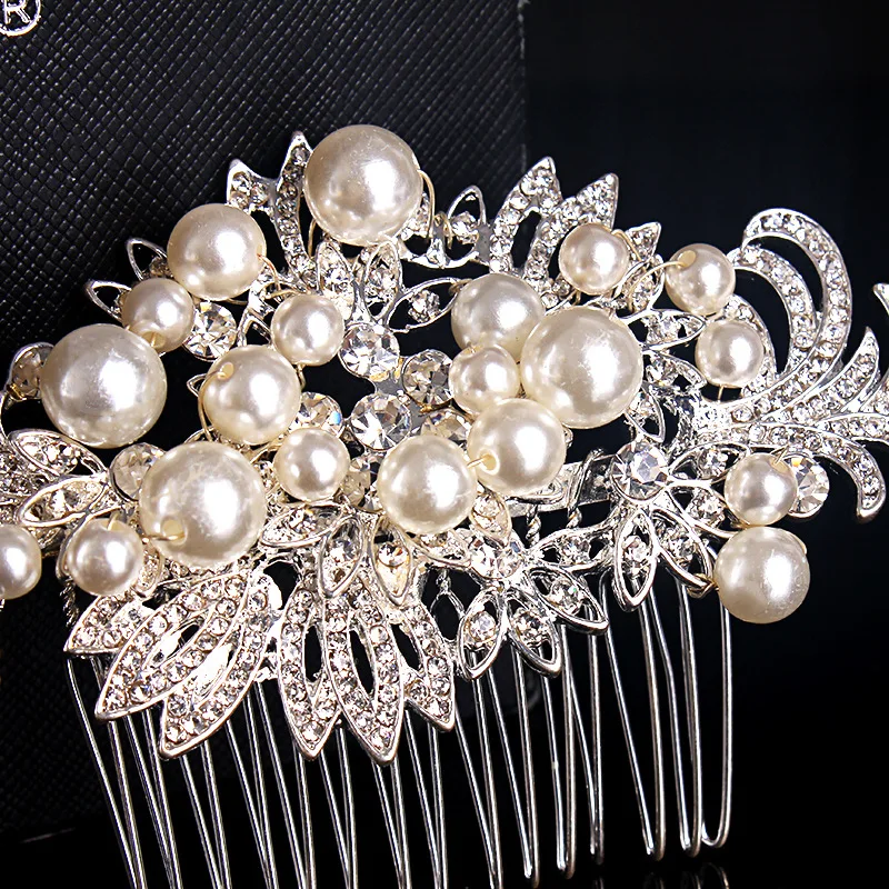 Floralbride Art Deco Alloy Clear Rhinestones Crystals Pearls Flower Wedding Hair Comb Bridal Hair Accessories Women Jewelry