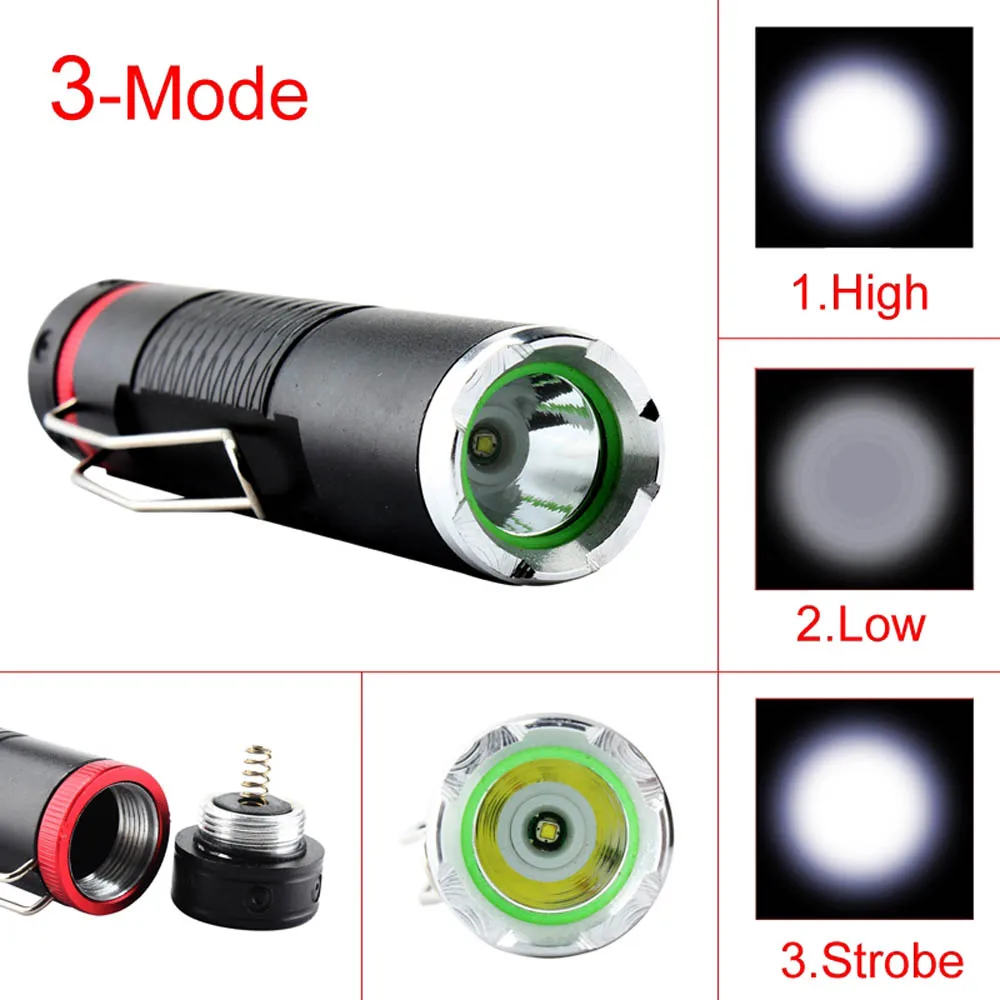 LED Flashlight  Mini  Aluminum Alloy 3 Modes Powerful LED Flashlight Torch Light with clamp for outdoors camping hiking