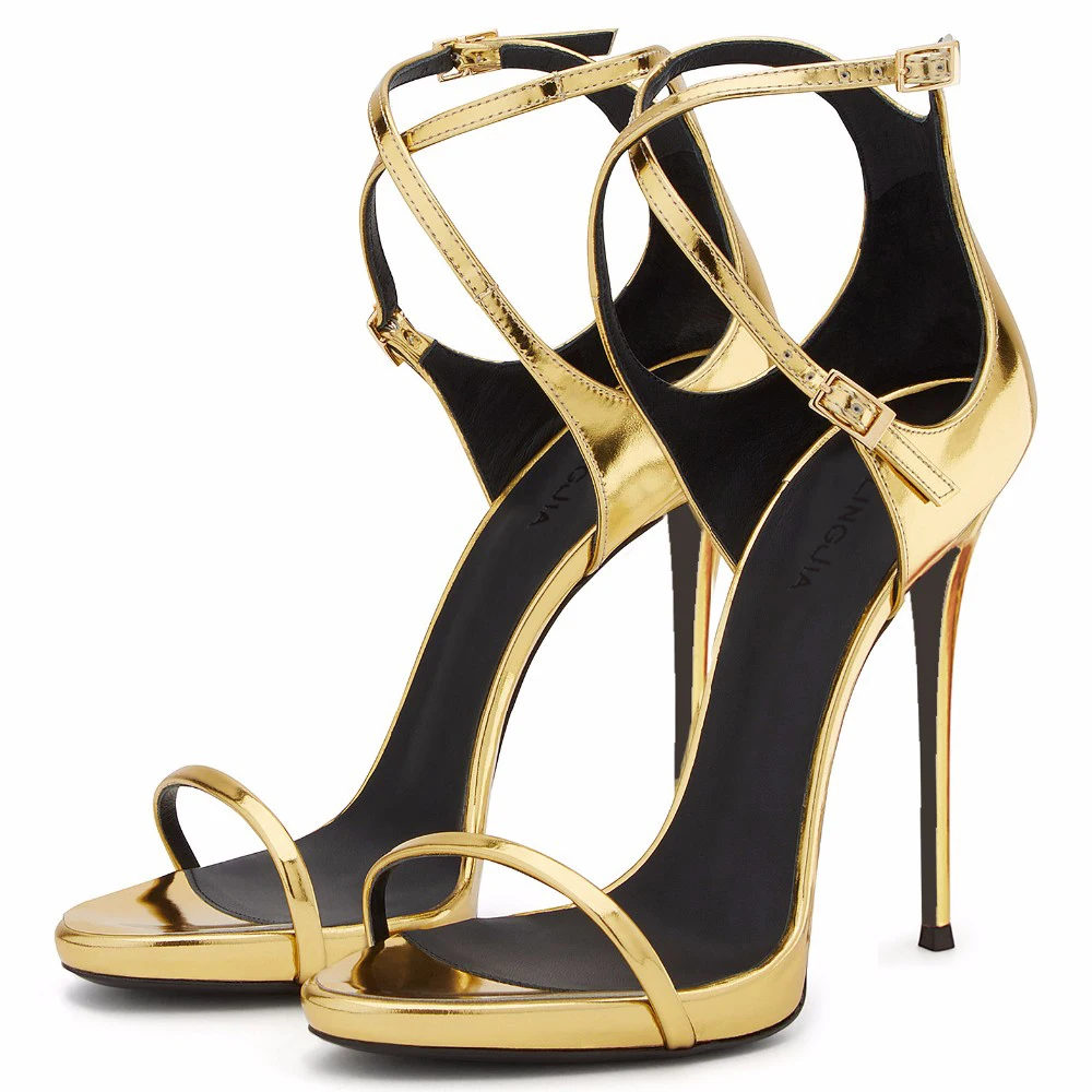 Gold High Heel Sandals Women 2021 Summer Shoes Sexy Patent Leather Silver Strappy Heels Ladies Evening Party Footwear Large Size