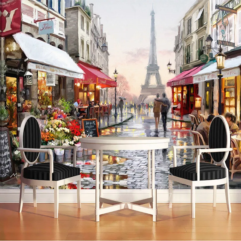 Personalizzato Murales Stile Europeo Torre Eiffel Romantico Via della Pittura A Olio Murale Sfondo Camera Da Letto Soggiorno carta Da Parati