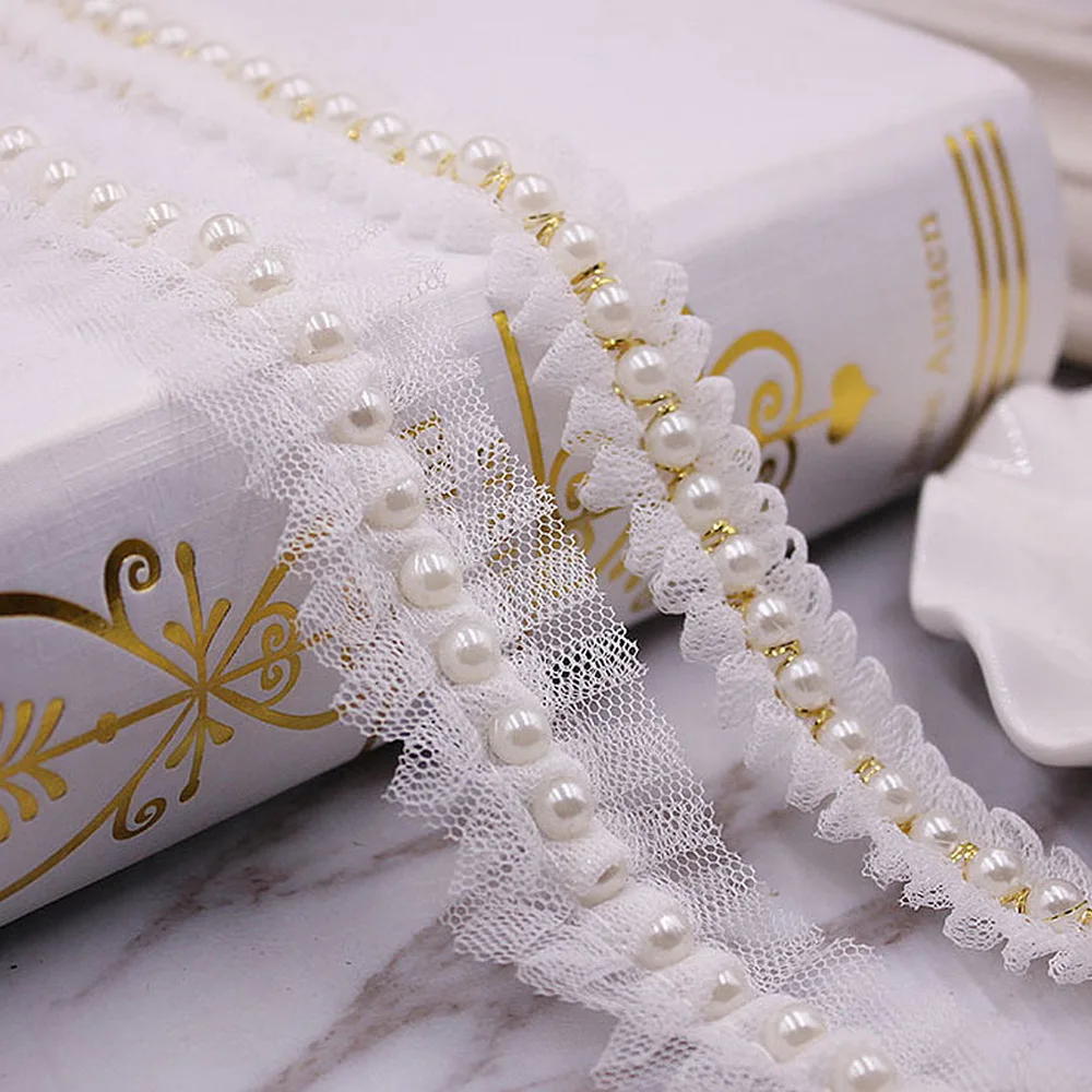 1 Yard 2 Style White Pearl Mesh Lace Trim Crease Ribbon Lace Fabric Collar Dress Sewing Garment Headdress Materials 2/3cm Width