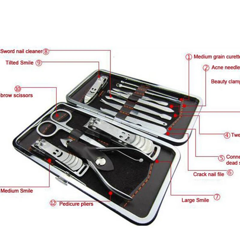 مجموعة أدوات مانيكير وباديكير ، مجموعة أدوات يدوية من الفولاذ المقاوم للصدأ للتقليم والباديكير ، مقص ، ملاقط ، سكين ، اختيار الأذن ، 12 قطعة