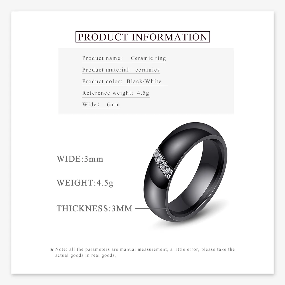 Fashion White Black Ceramic Rings For Women Smooth Surface Inlaid Zircon Women Ring Stainless Steel Wedding Engagement Gift