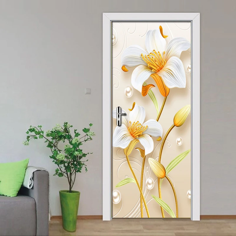 PVC Waterproof 3D Flower Door Sticker Self-adhesive Wall Decals Wallpaper For Living Room Room Bedroom Door Stickers Home Decor