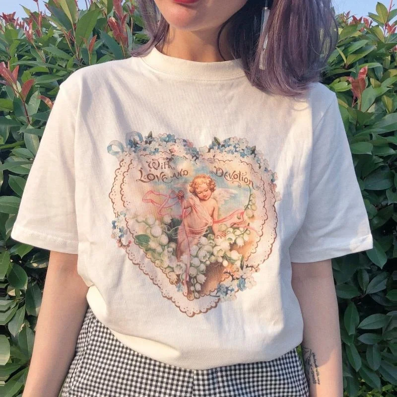 1pcs with Love and Devotion Tees Women Vintage Style Cupid Flowers T-Shirt Korean Fashion Grunge White Tee Aesthetic Art Shirt