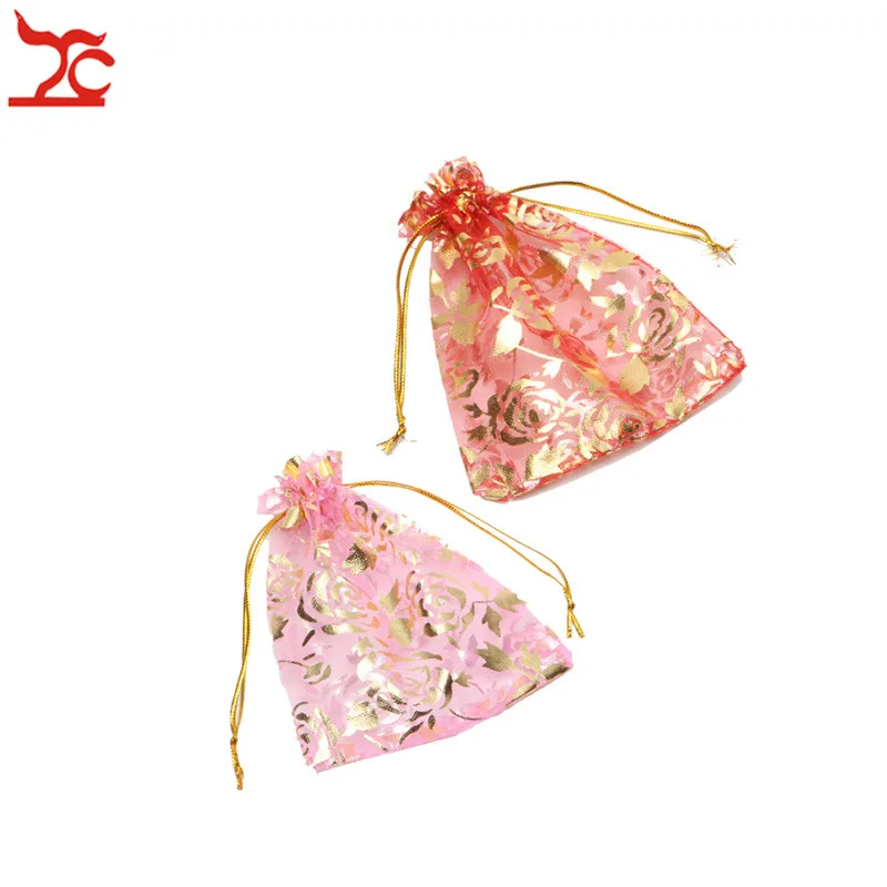 Fashion Pink Red Organza Jewelry Wedding Gift Pouch 10Pcs/Lot  Rose Draw String Candy Birthday Party New Year Holiday Gift Bag