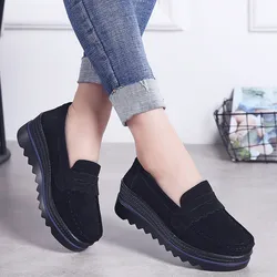 New Spring Autumn Shoes Woman Platform Cow Suede Leather Women's Flats Comfort Thick Sole Women's Loafers Moccasins Female Shoe