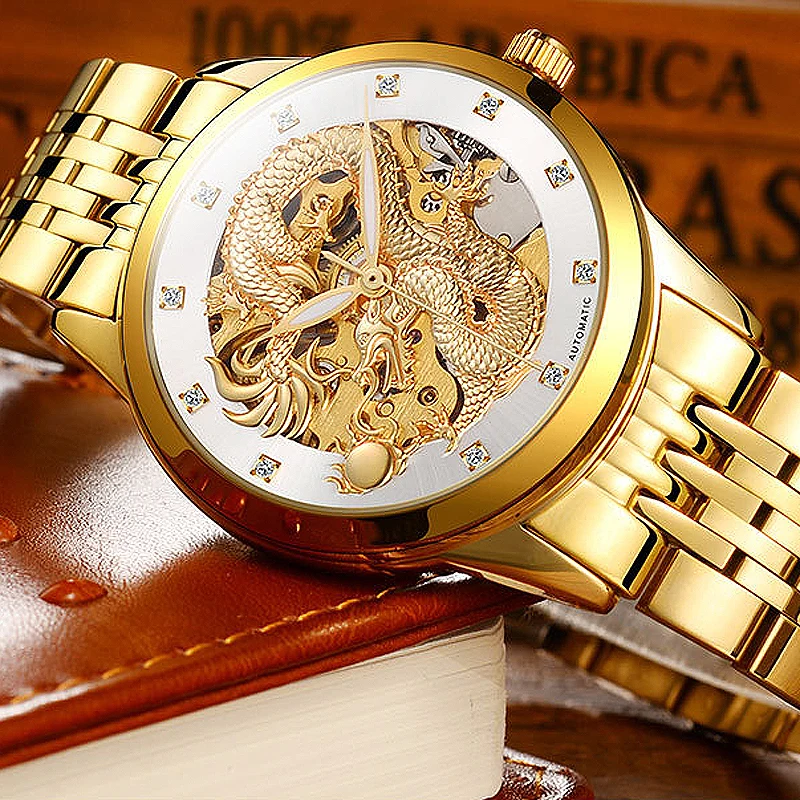 Imagem -03 - Reloj Hombre Dragão Esqueleto Automático Relógios Mecânicos para Homens Relógio de Pulso Pulseira Aço Relógio de Ouro 50m à Prova Impermeável Água Masculino Hodinky