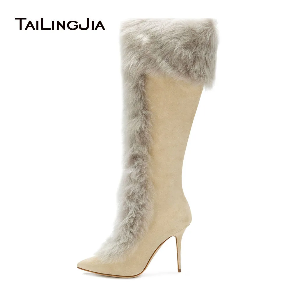 

Women Tan Faux Suede High Heel Knee High Shearling Boots Pointy Toe Zipper Long Boots Beige Stilettos Ladies Winter Shoes 2021