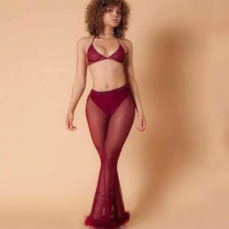 2023 Sexy Women Sheer Mesh Wide Leg Pants See Through Transparent Faux Fur Trim Pants High Waist Full Night Club Wear Trousers