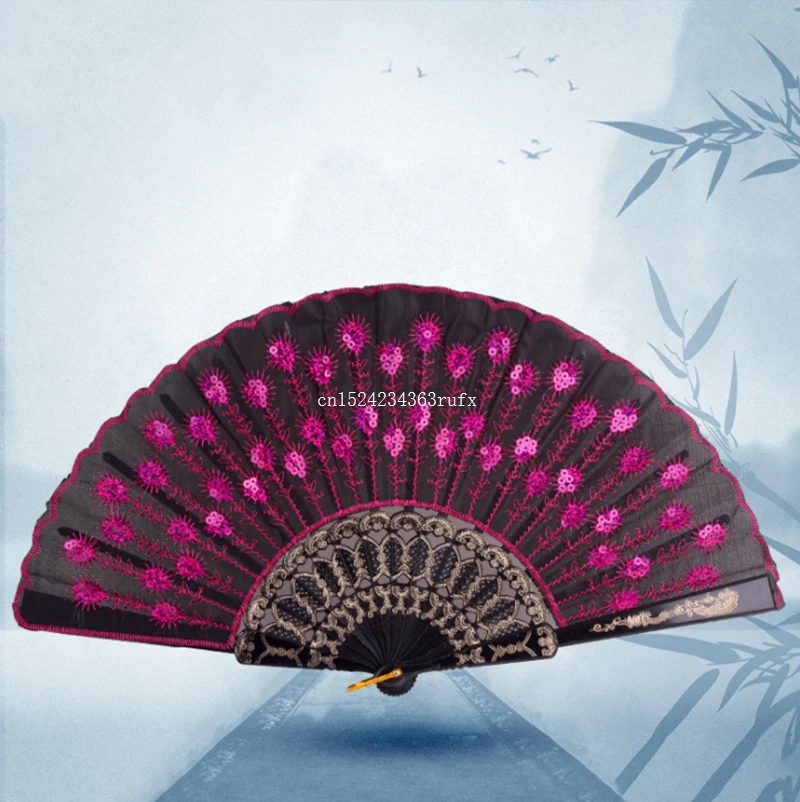 

30pcs Chinese Style Cloth Folding Hand Fans Peacock Sequined Square Hand Fans Women Girl Elegant Peacock Print Dancing Fan