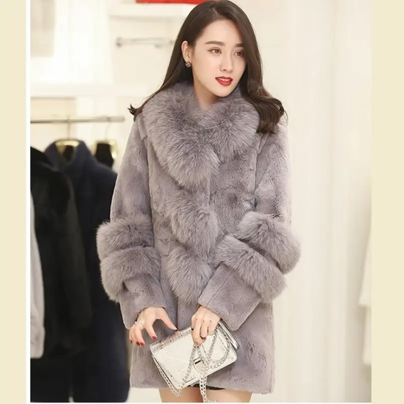 

Winter fashion womens Faux Fur Coat Fake Fox Fur Collar Jacket Female Faux Rex Rabbit Fur Coat thicken warm fashion coat L1682