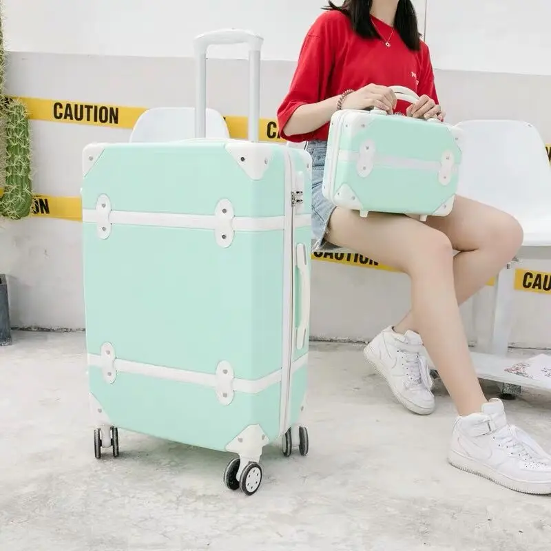 women hard retro pink rolling luggage set trolley baggage with cosmetic bag on wheels cute trolley suitcase travel bag for girls