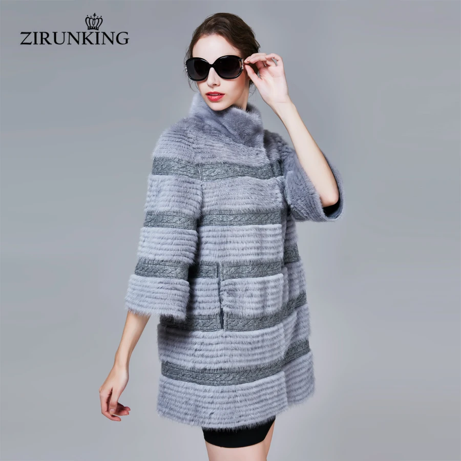 ZIRUNKING  Real Mink Fur Coats Women Fashion Genuine Autumn Warm Female New Fur Jacket Women Quality Stripe Clothing ZC1705