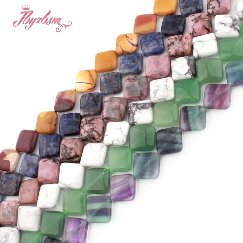 15mm Natural Fluorite Quartz Rhodonite Agates Square Rhombus Stone Beads For DIY Necklace Jewelry Making Loose 15