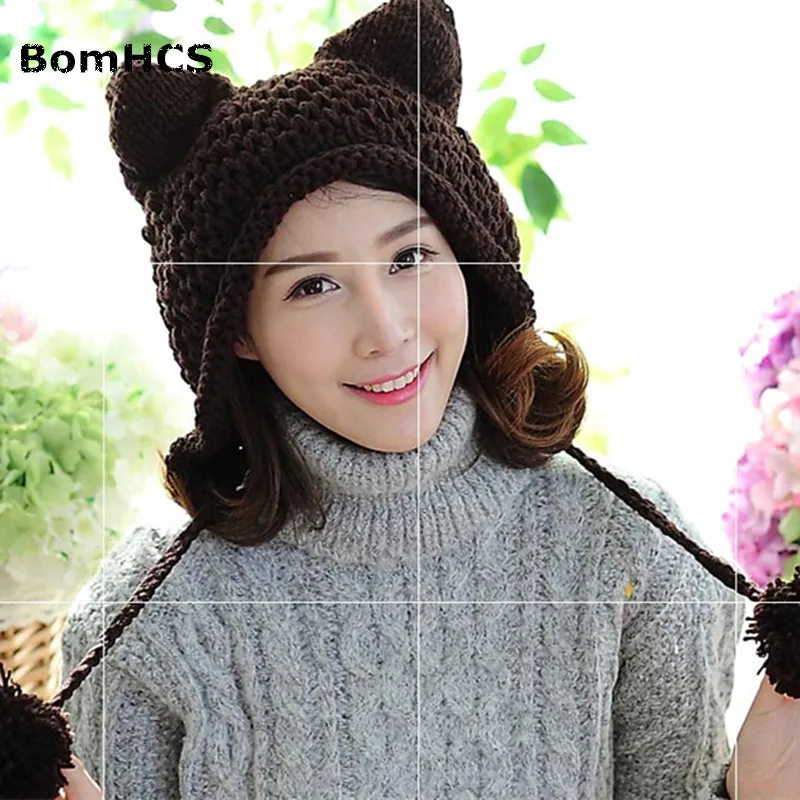 BomHCS Very Cute Fox Ears Cat Ear New Women Winter Hat 100% Handmade Knitted Beanie Ear Muff Hat Cap