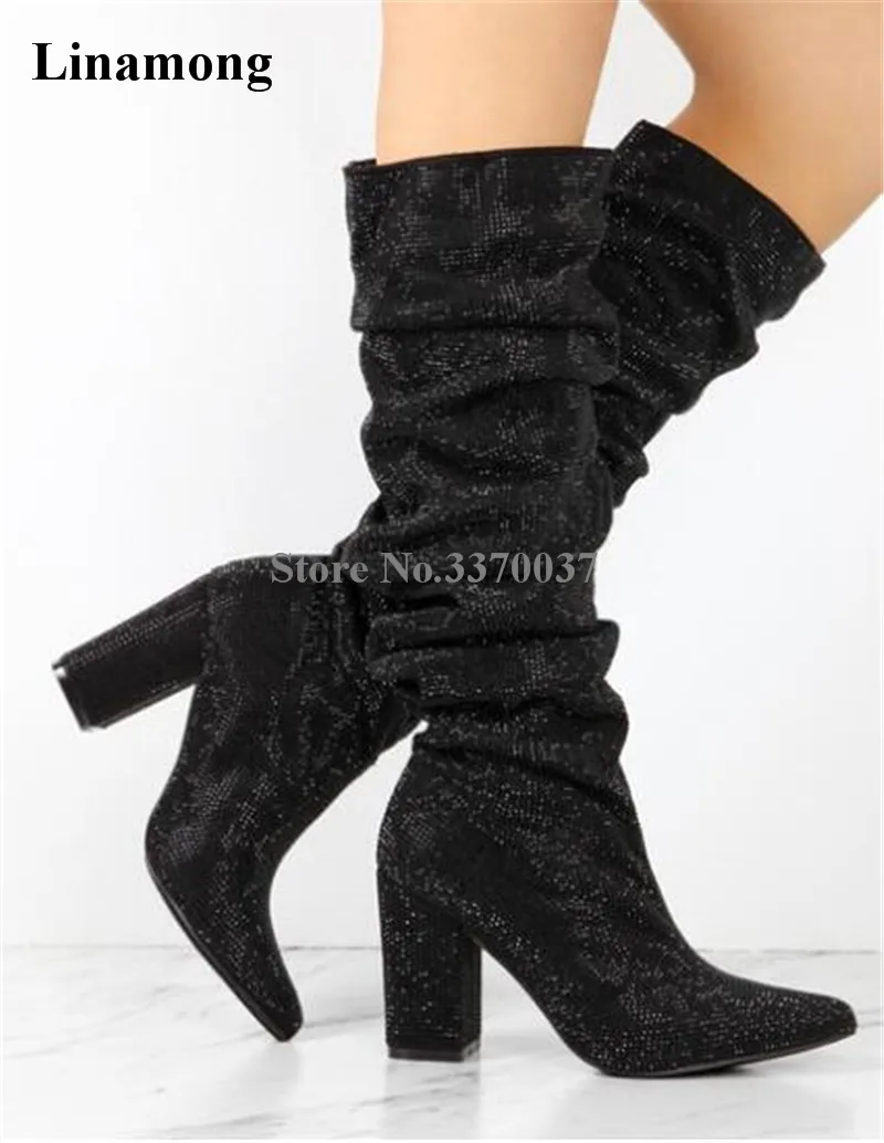 Women Luxury Bling Bling Pointed Toe Black Sliver Rhinestone  Chunky Heel Long Boots Elegant Knee High Crystal Thick Heel Boots