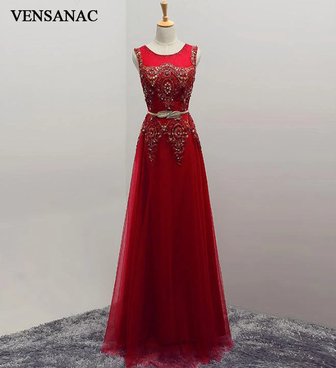 VENSANAC Crystal O Neck Pearls Leaf Sash A Line Lace Long Evening Dresses Party Sequined Appliques Prom Gowns