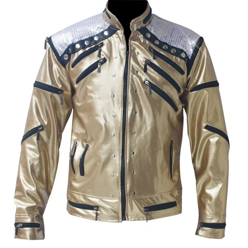 Rare PUNK Rock Motorcycle Classic MJ MICHAEL JACKSON Costume Beat it Golden Zipper Jacket For Fans Imitator Best Gift