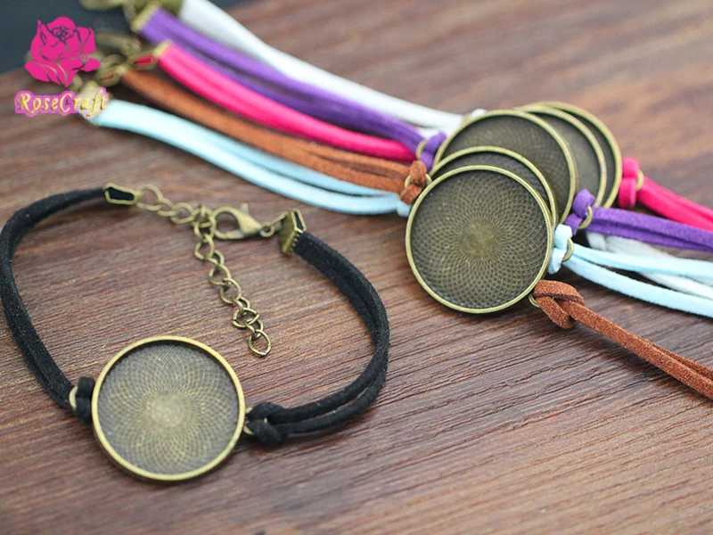 10PCS Suede Cord Handmade Bracelet Blank Setting 25mm Round Cabochon Bangle Jewelry Bezel Base DIY Jewelry Findings