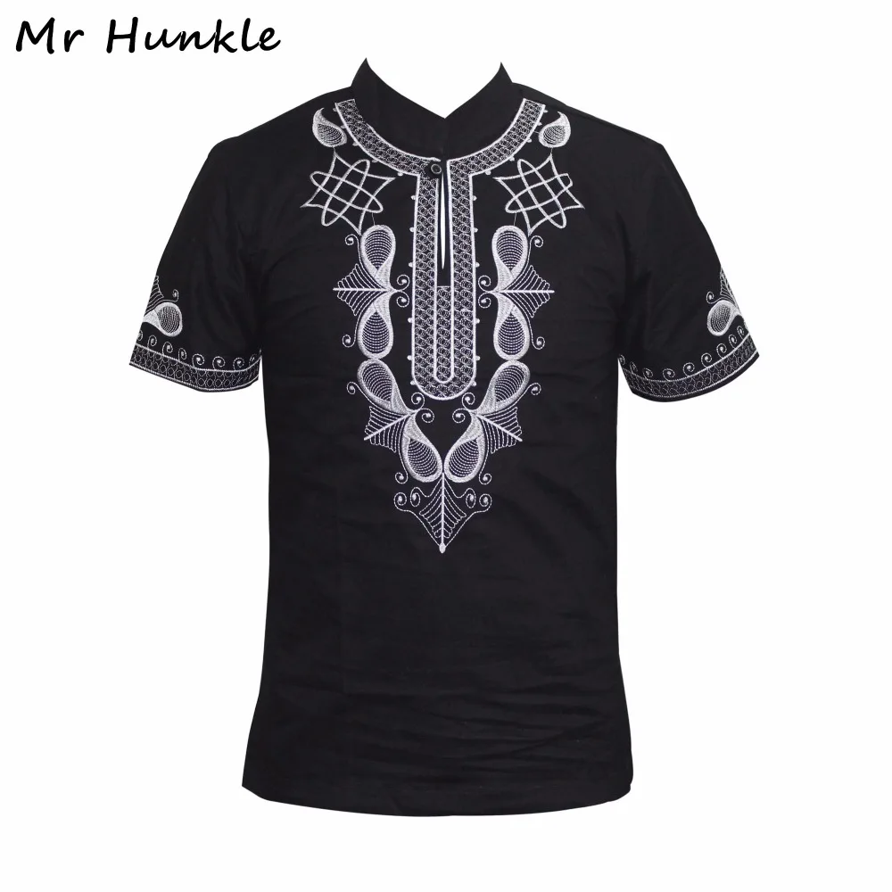 Brand Mr Hunkle African Men\'s T-shirt Short Sleeve Stand Neck Smart Casual Shirts Emboridery Dashiki Top Tees