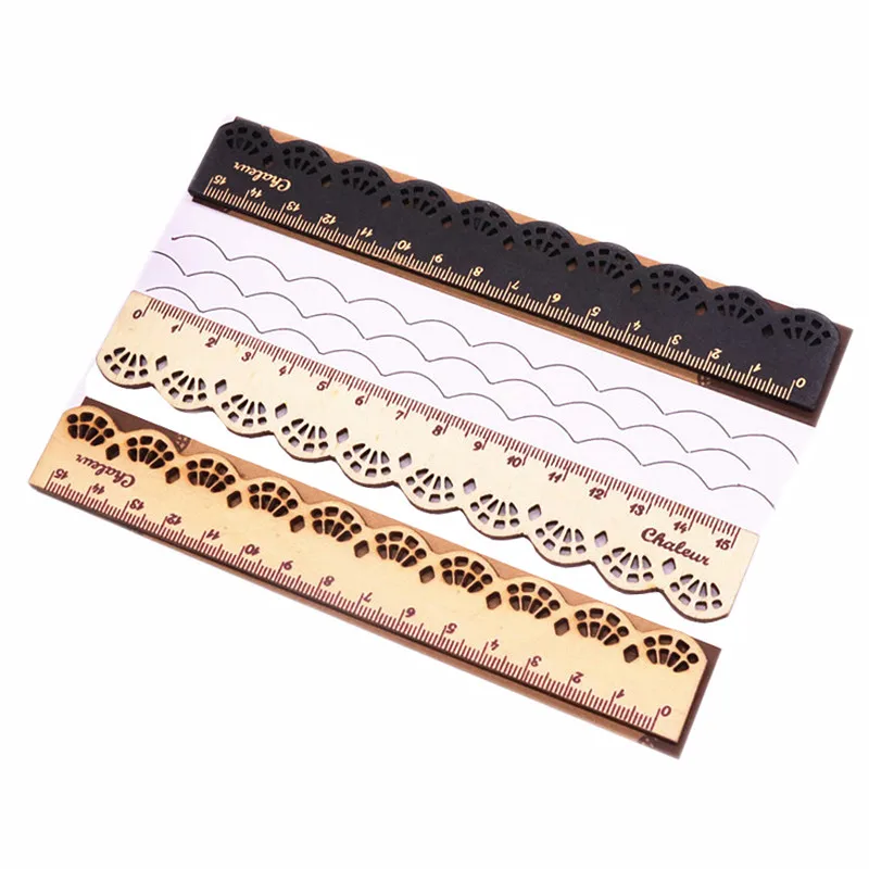 1 Pcs 15cm lace ruler wave small fresh cute sweet lace wooden ruler retro lace carving log ruler student stationery