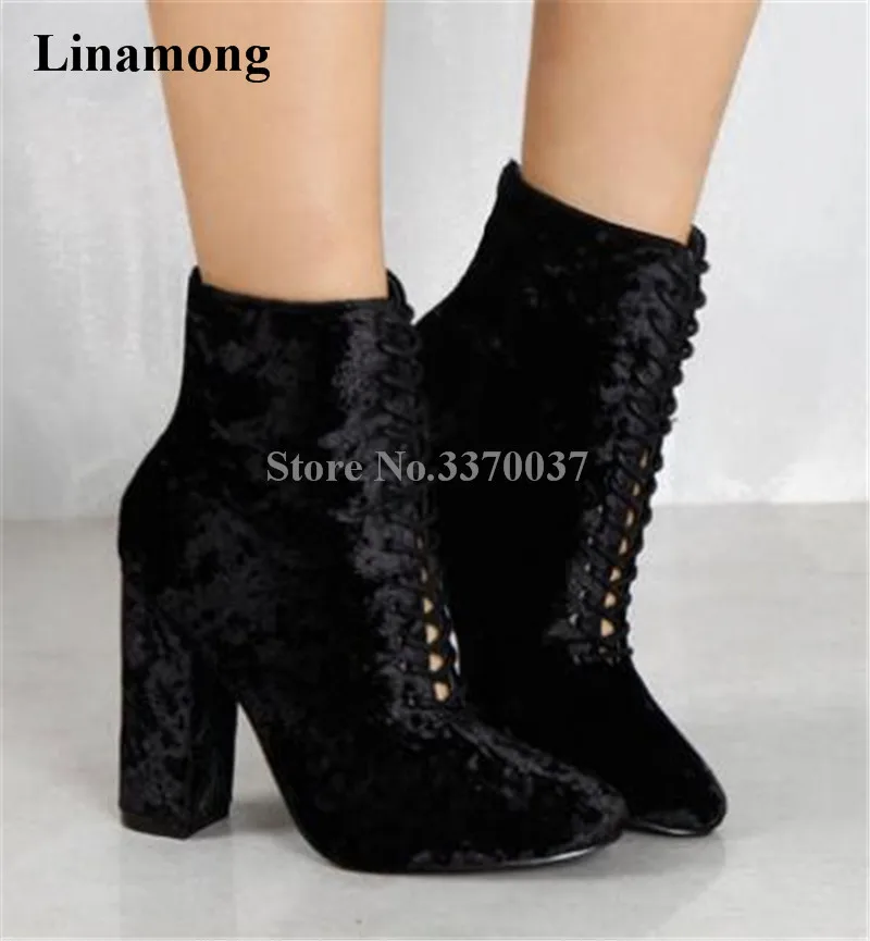 

2018 New Fashion Round Toe Black Velvet Lace-up Chunky Heel Ankle Boots Elegant Thick Heel Short Boots Dress Shoes