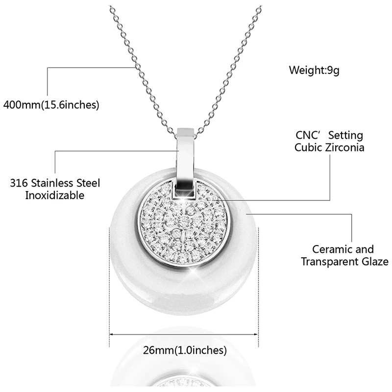 White Pendant Necklace Double Layers Circle Ceramic With Bling Rhinestone Crystal For Women Fashion Jewelry 40cm Steel Chains