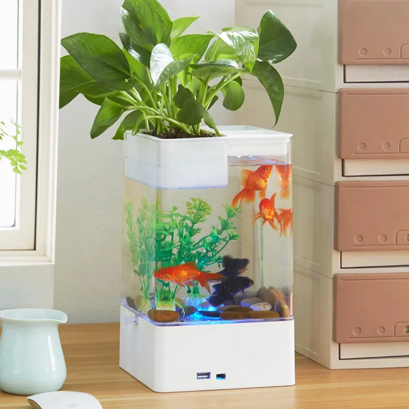 multicolour Fish tank with LED light + USB  Mini Small acrylic plastic Aquarium Office desk transparent Fish bowl Originality