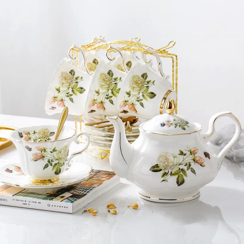 Fine Bone China Coffee Cup Sets White Rose Ceramic Tea Cups And Saucers British Office Teacup Royal Porcelain Nice Gift