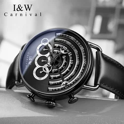 IW Unique Design Fashion Quartz Watch Men Leather Waterproof Mens Casual Male Wrist Watches Black Steel Case Reloj Hombre