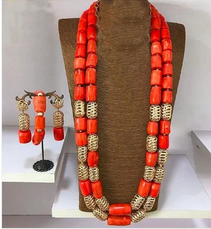 

Quality Original Coral Beaded Bridal Necklace Set Real Coral Bead Necklace Bracelet Earrings Set 24inches Nigerian WeddingABH763