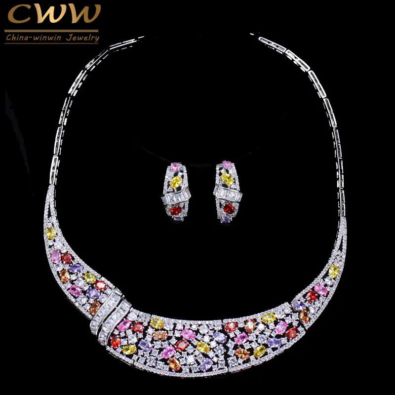 

CWWZircons Brand Multi Color Cubic Zirconia Elegant Choker CZ Wedding Party Women Necklace Earrings Jewelry Sets for Brides T219