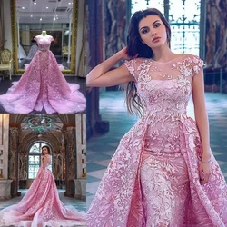 Luxury Pink Mermaid Prom Dresses With Detachable Train Lace Appliqued Formal Evening Gowns Lebanon Charming Prom Party Dress