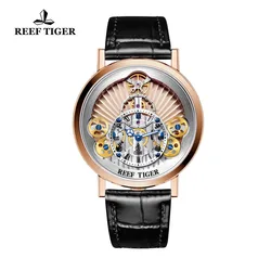 Reef Tiger/RT Men Designer Casual Fashion Quartz Watches Skeleton Sapphire Leather Strap Rose Gold Clock RGA1958