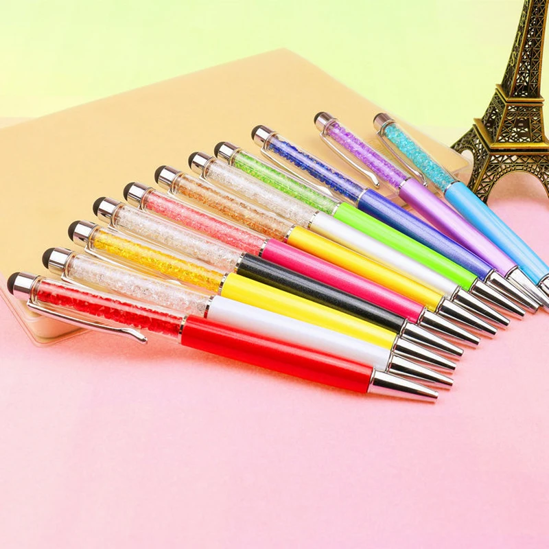 

12 pcs/lot Creative Crystal Pen Diamond Ballpoint Pens Stationery Ballpen Stylus Pen Touch Pen Oily lovely Multi-color