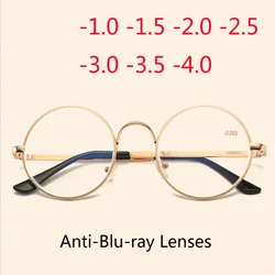 Gold Frame Metal Round Myopia Glasses With Degree Women Men Anti Blue Llight Short-sight Prescription Eyewear -1.0 -1.5 To -4.0