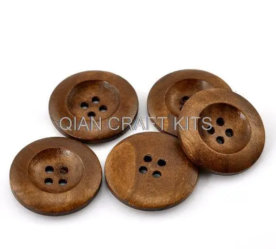 200pcs Round Concave Design Wood Button Four Hole Medium Brown Colour 25mm (1