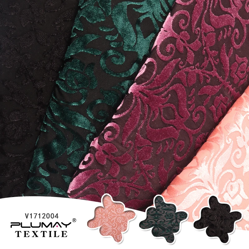 velvet fabric multicolor knitted soft，4 way stretch damask silk burnout  for garment68%polyester 24%nylon 8%spandex