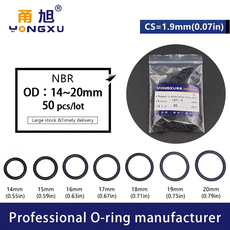 50PCS/Lot Black NBR Sealing O-Ring CS1.9mm OD14/15/16/17/18/19/20*1.9mm Nitrile Rubber Ring Gasket Nitrile Oil Rings Washer