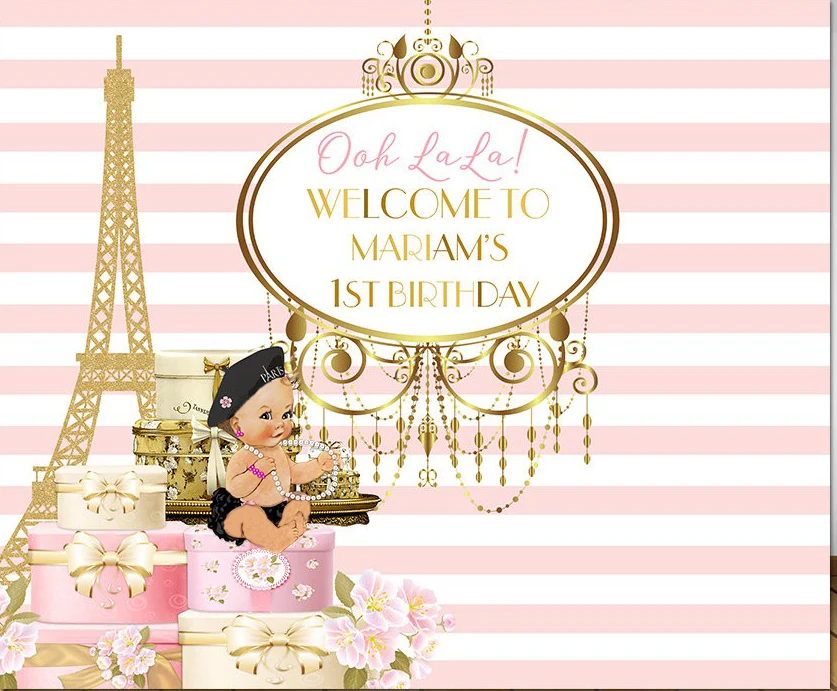 

custom paris vignette vintage baby girl eiffel tower pink and white striped backdrop Computer print party backgrounds