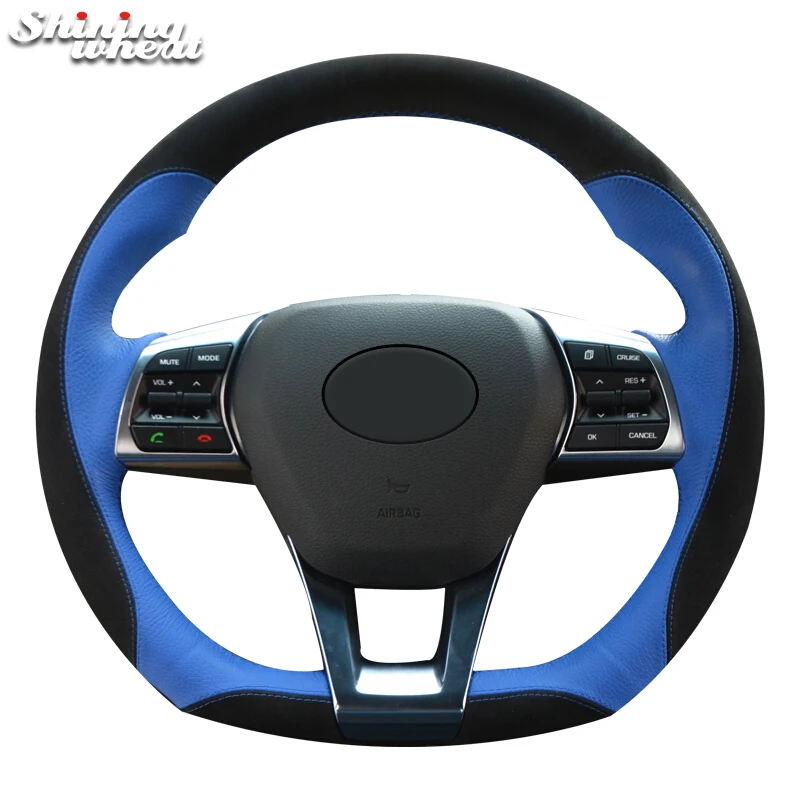 

Shining wheat Black Suede Blue Leather Car Steering Wheel Cover for Hyundai Sonata 9 2015 2016