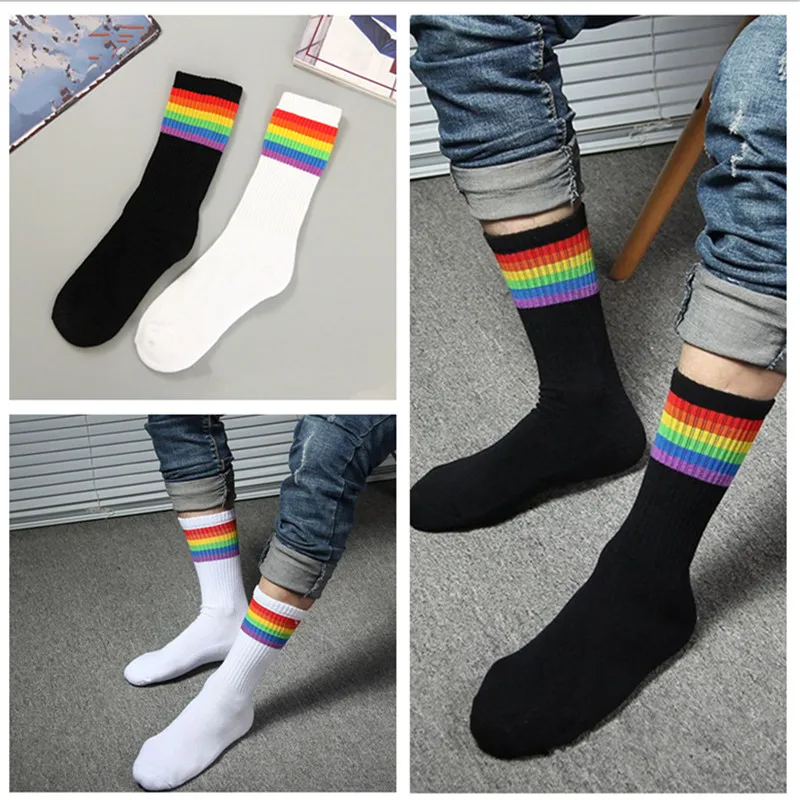 1 Pair Rainbow Stripe Cotton Socks LGBT Gay Les Proud Socks Novelty Happy Towel Socks Gifts Sports Sweat Absorbent YLM9918